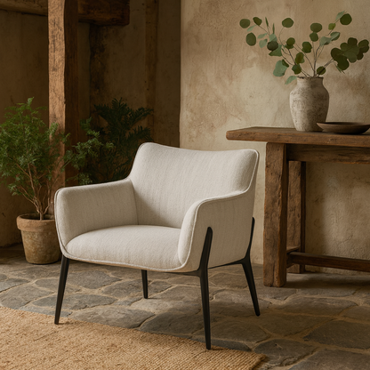 Nashville Minimalist White Upholstered Accent Armchair Black Metal Legs