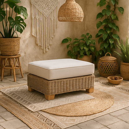 Sorrento Outdoor Cream Wicker Foot Stool with Cushion