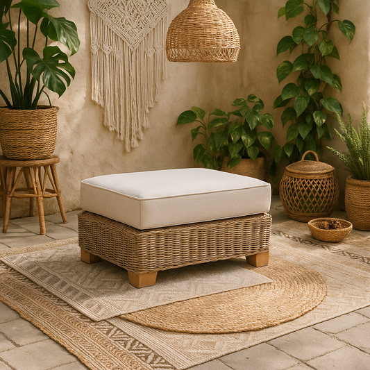 Sorrento Outdoor Cream Wicker Foot Stool with Cushion