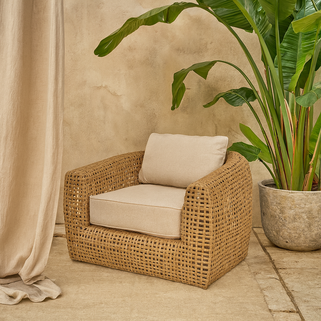 Sardinia Large Outdoor Natural Wicker Lounge Chair Cream Cushions