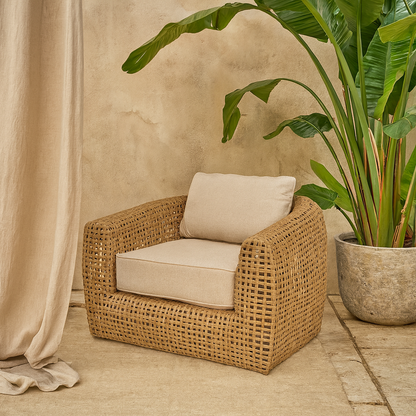 Sardinia Large Outdoor Natural Wicker Lounge Chair Cream Cushions