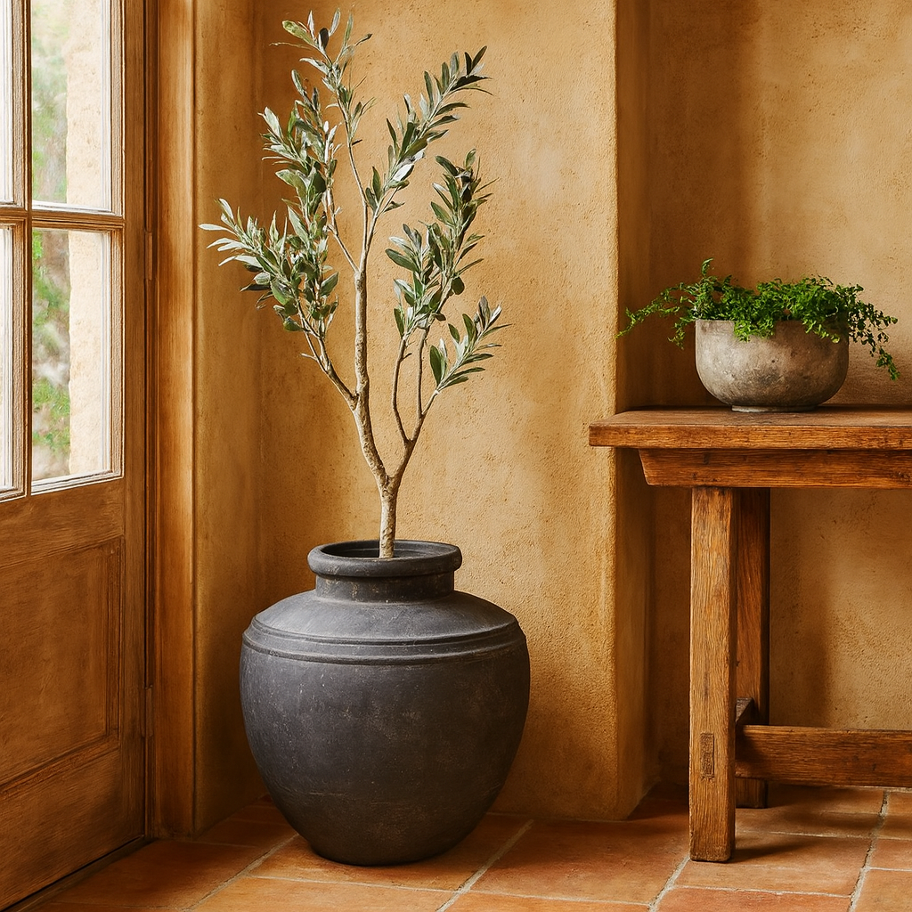 Large Dark Grey Ceramic Etched Top Garden Planter