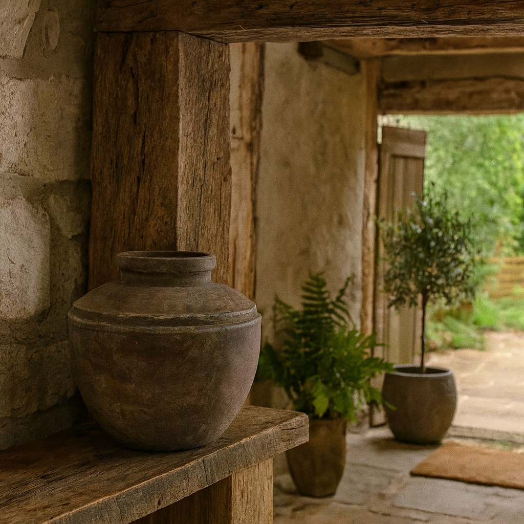 Large Dark Brown Ceramic Etched Top Garden Planter