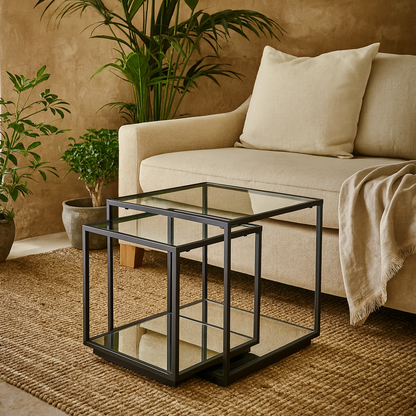 Sant Antonio Set of 2 Glass and Metal Nesting Side Tables Black Metal Frame
