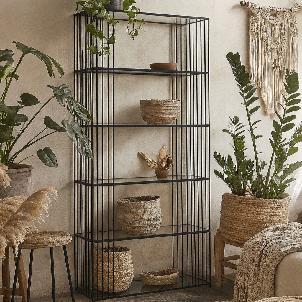 Memphis Minimalist Black Metal Slim Shelving Unit With Glass Shelves