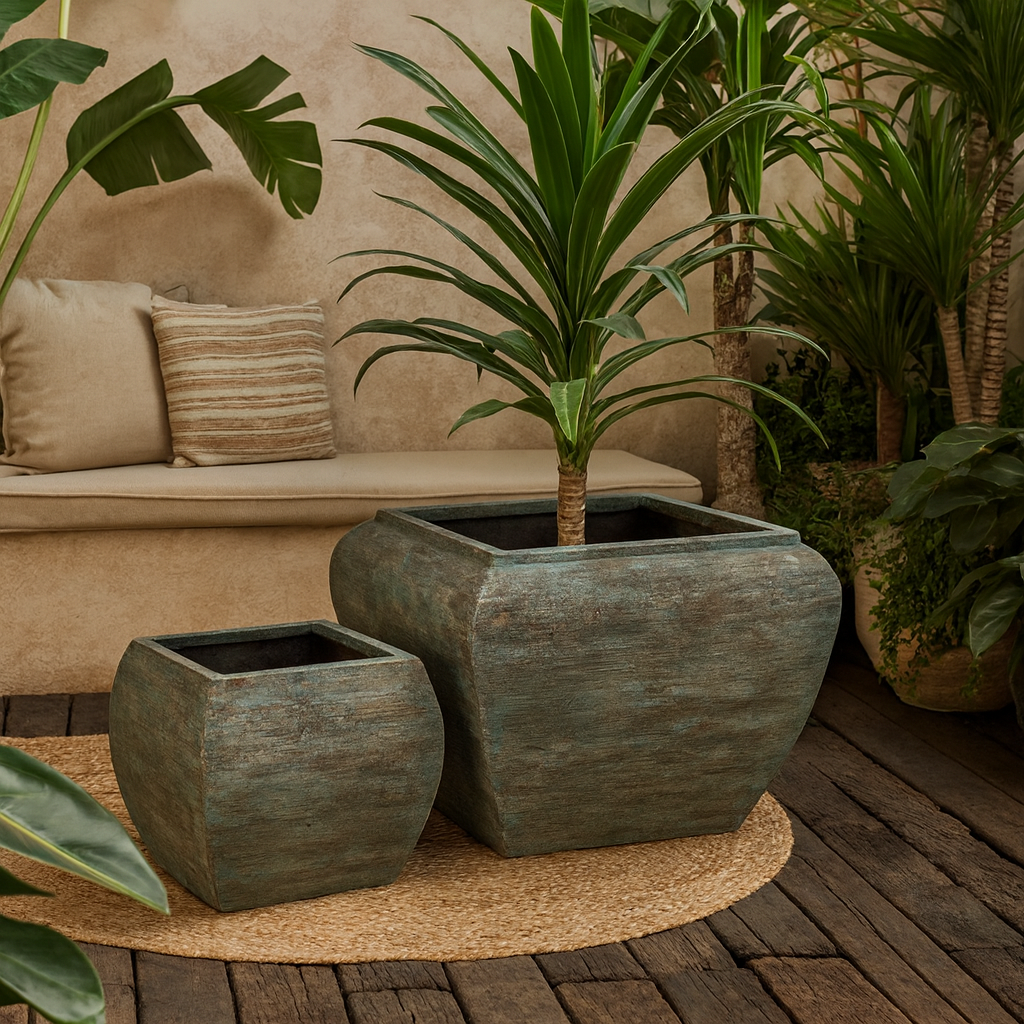 Set Of 2 Aged Green Concrete GardenPlanters