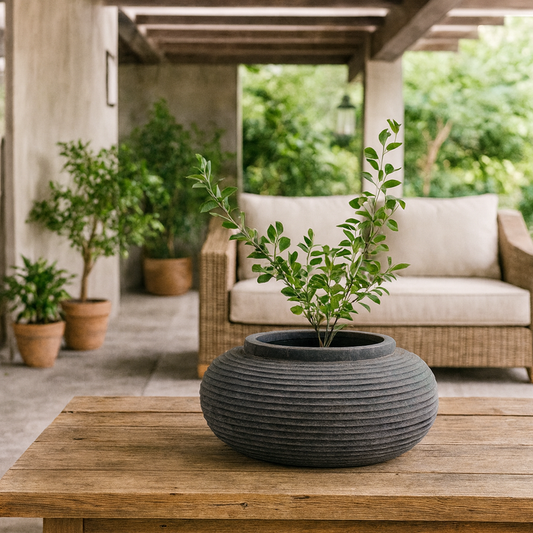 Dark Grey Low Round Etched Garden Planter