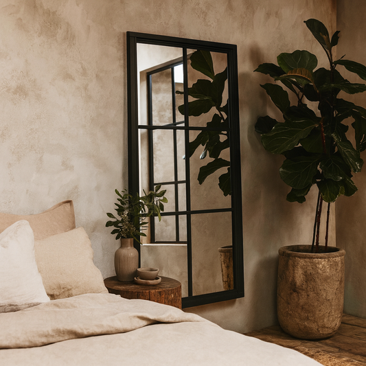 Black Washed Wood Six Panel Window Mirror