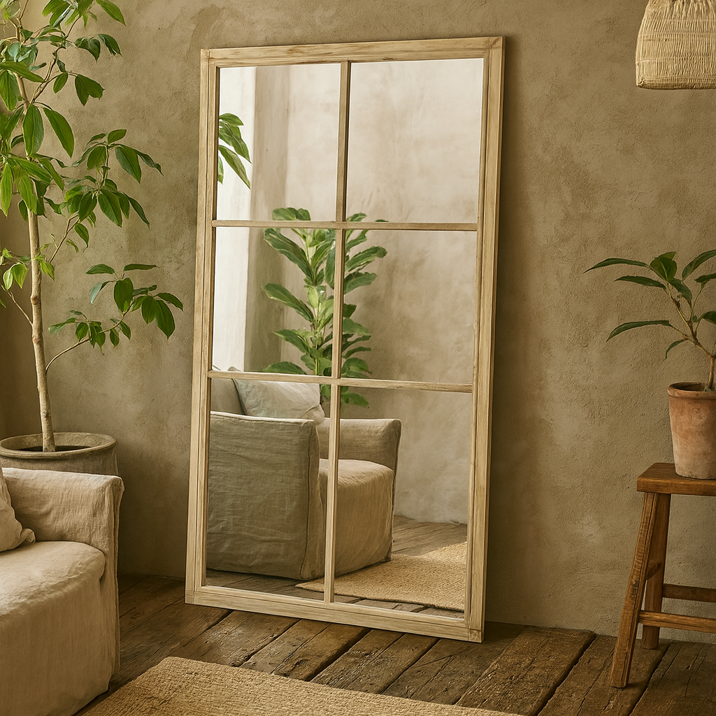 Rustic Natural Washed Wood Six Panel Window Mirror
