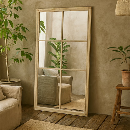 Rustic Natural Washed Wood Six Panel Window Mirror