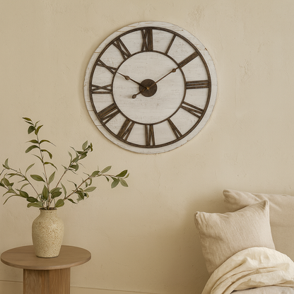 70cm Rustic White Washed Wooden Clock Aged Metal Roman Numerals