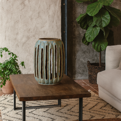 Tall Textured Ceramic Cut Out Candle Holder Lantern