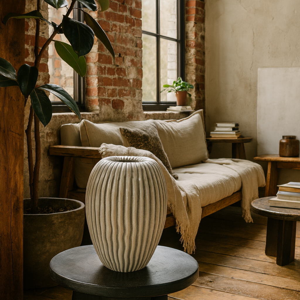 Earthen Collection Large Striped White Ceramic Vase