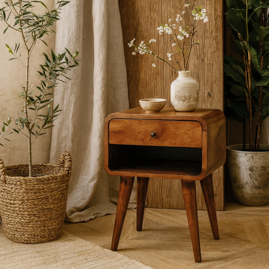 Honfleur Curve Open Slot Chestnut Mango Wood Bedside Table Drawer and Shelf