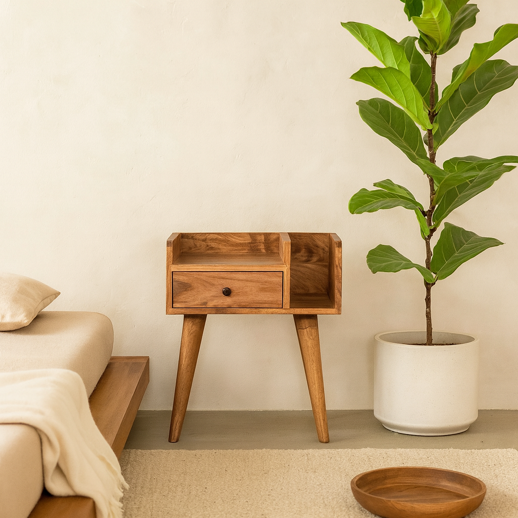 Giverny Oak Mango Wood Bedside Table Drawer and Storage Shelf