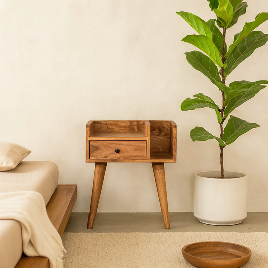 Giverny Oak Mango Wood Bedside Table Drawer and Storage Shelf
