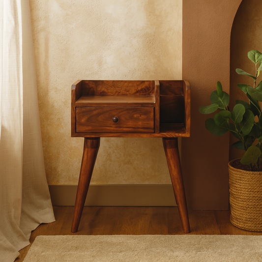 Giverny Chestnut Mango Wood Bedside Table Drawer and Storage Shelf