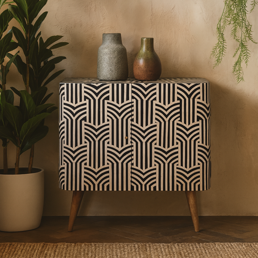 Honolulu Monochrome Black and White Bone Inlay Storage Cabinet 2 Doors