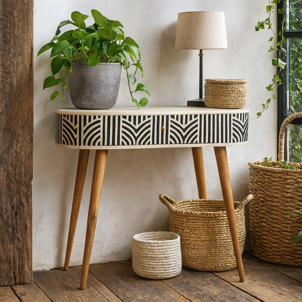 Honolulu Monochrome Black and White Bone Inlay Console Table with Storage Drawer