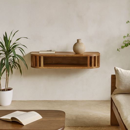 Kailua Floating Natural Mango Wood Slatted Console Table Open Shelf