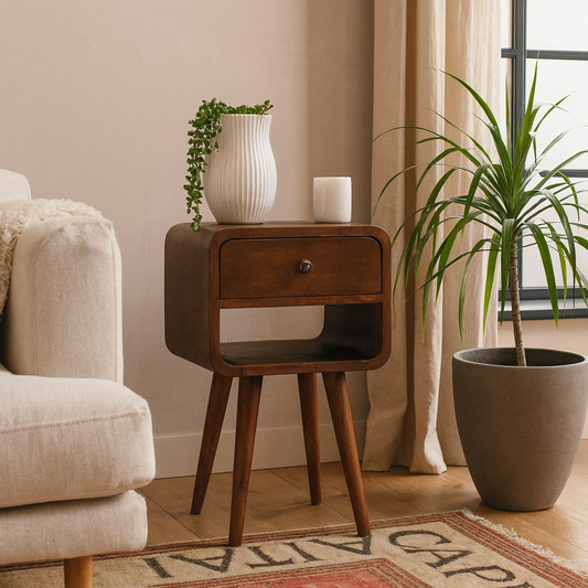 Pama Small Chestnut Mango Wood Curve Low Bedside Table