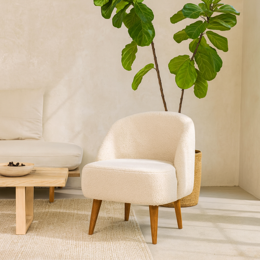 Waipahu Cream Boucle Natural Yarn Tub Chair Mango Wood Legs