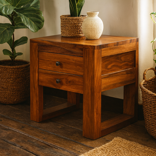 Collioure U Square Honey  Sheesham Wood Bedside Table
