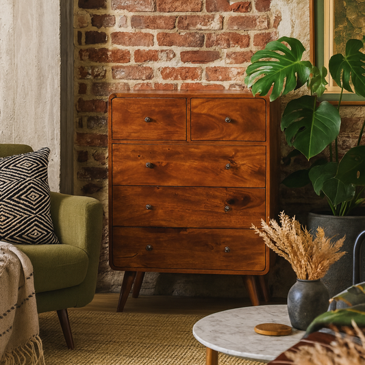 Kaew Mango Wood Curved Chestnut Chest of 5 Drawers