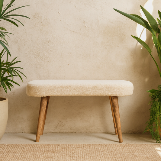 Kampong Cream Boucle Nordic Bench Mango Wood Legs
