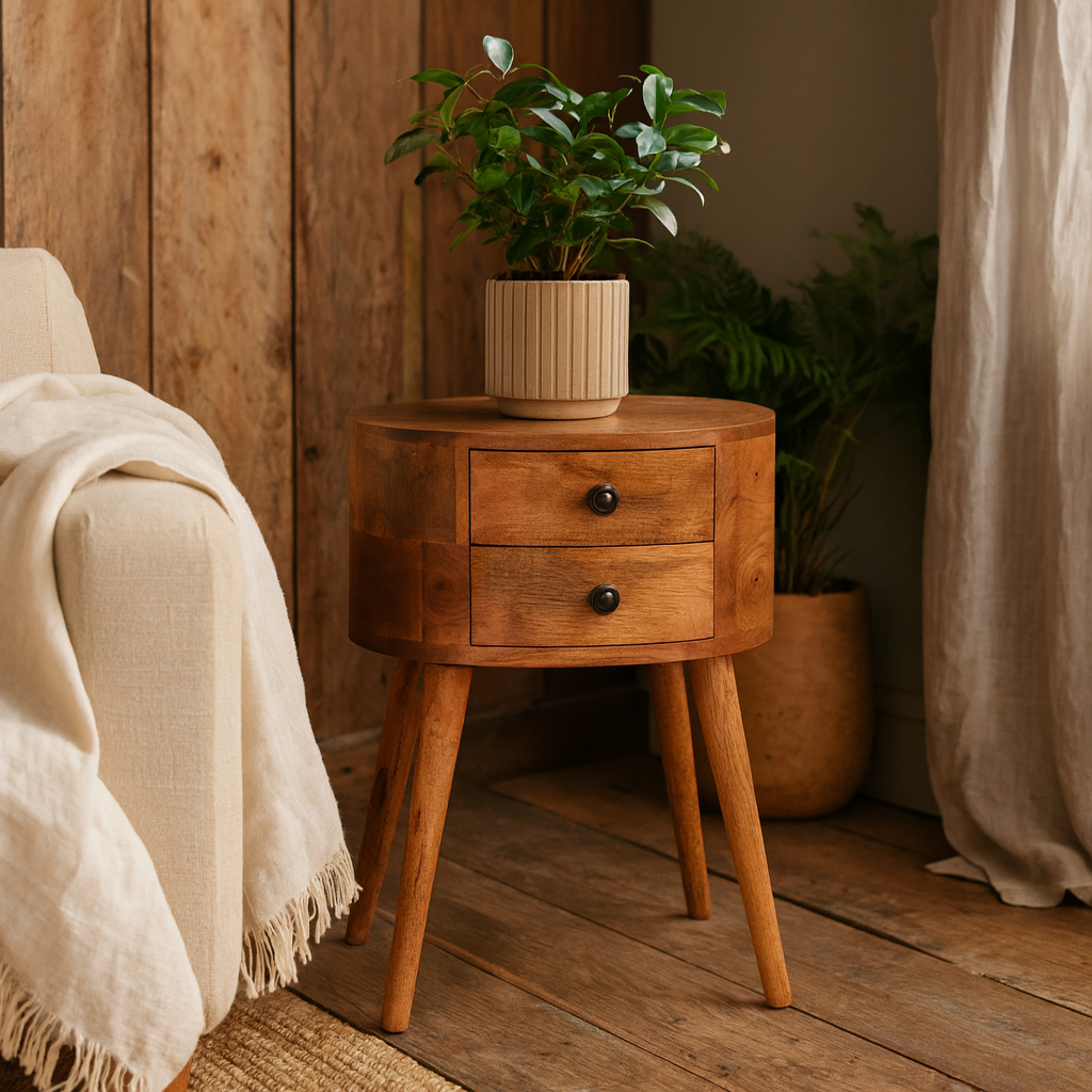 Olbia Mini Oak Mango Wood Rounded Bedside Table with Drawer