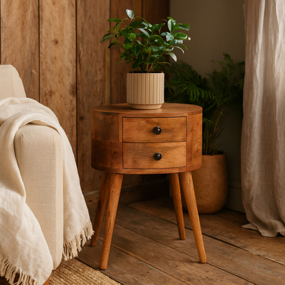 Olbia Mini Oak Mango Wood Rounded Bedside Table with Drawer