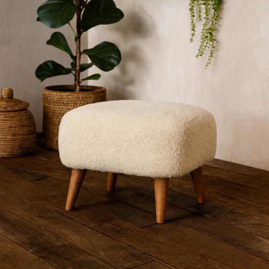 Olbia Boucle Cream Square Footstool Mango Wood Legs