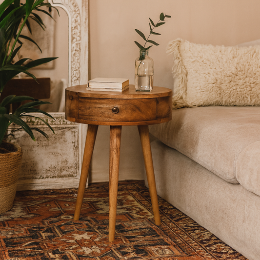 Parma Mini Oak Mango Wood Circular Shape Bedside Table