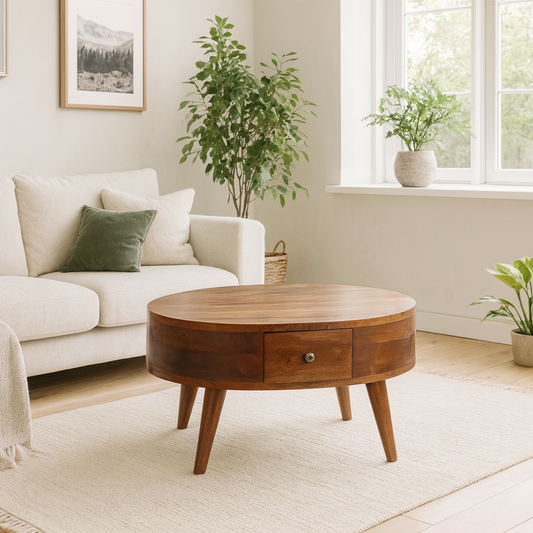 Olbia Mini Chestnut Mango Wood Rounded Coffee Table 2 Drawers