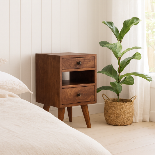 Olbia Mini Classic Chestnut Mango Wood Bedside Table 2 Drawers and Shelf