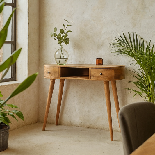 Parma Oak Mango Wood Wave Writing Desk 2 Drawers and Storage Shelf