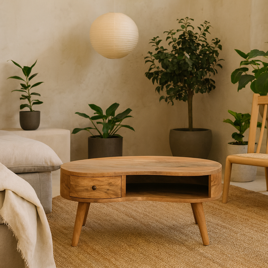 Padua Oak Mango Wood Wave Coffee Table with Drawer and Storage Shelf