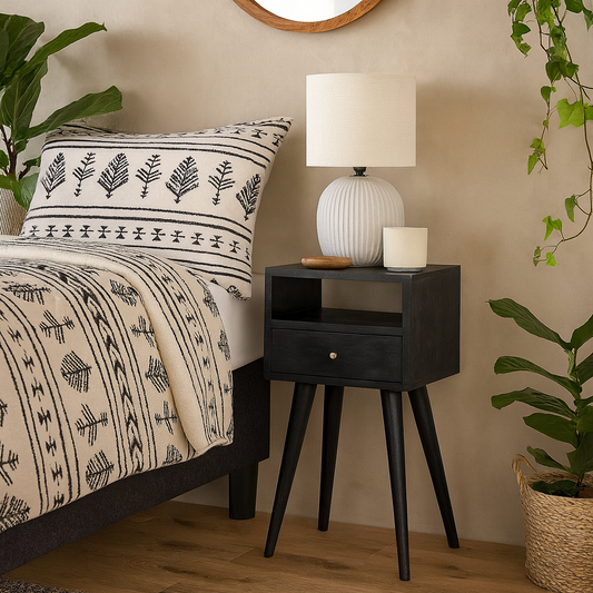Kood Mini Black Washed Mango Wood Bedside Table with Drawer and Open Shelf