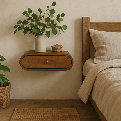 Bardolino Wall Mounted Round Chestnut Bedside Table with Drawer