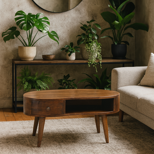 Parma Chestnut Mango Wood Wave Coffee Table with Drawer and Open Shelf