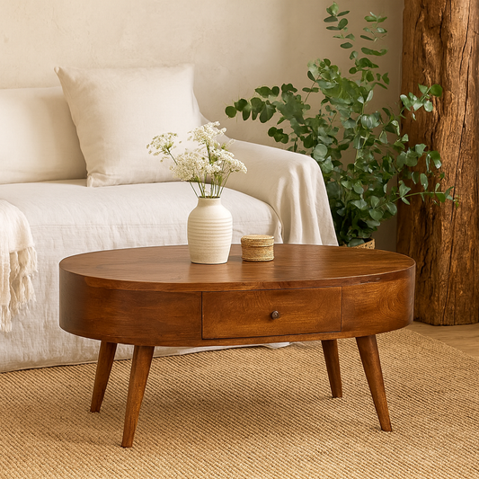 Brescia Low Chestnut Mango Wood Round Coffee Table 2 Drawers