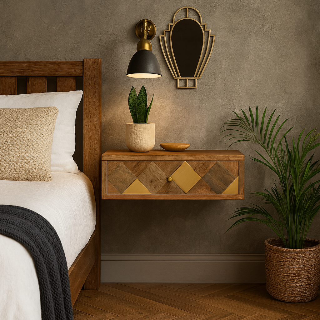 Bardolino Wall Mounted Mango Wood with Brass Detail Bedside Table