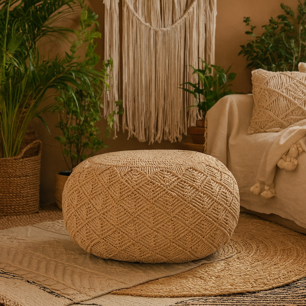 Sperlonga Hand Knitted Macrame Soft Mustard Pouffe