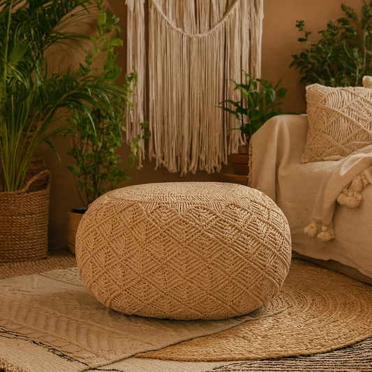 Sperlonga Hand Knitted Macrame Soft Mustard Pouffe