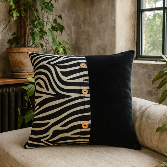 Set of 2 Vernazza Black and White Zebra Print Cushion Covers Button Detail