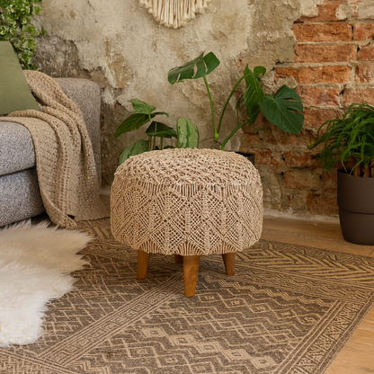 Como Boho Cotton Crotchet Beige Footstool