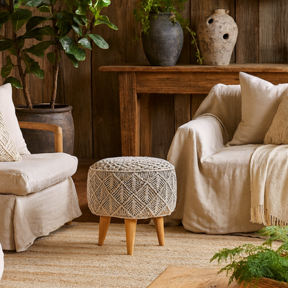 Como Boho Cotton Crotchet Grey Footstool