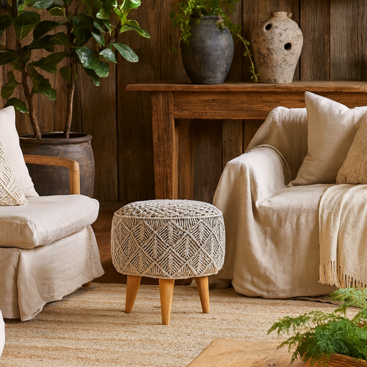 Como Boho Cotton Crotchet Grey Footstool
