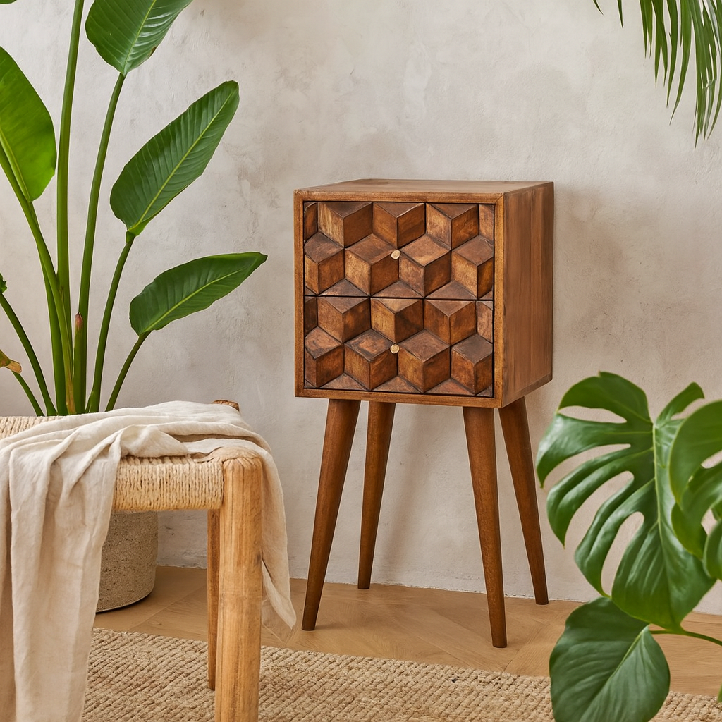 Banyuls Mini Cube Carved 2 Drawer Bedside Table