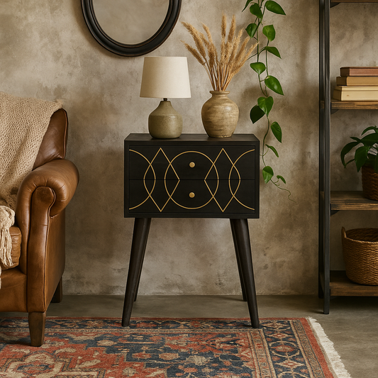 Antibes Black and Gold Bedside Table 2 Drawers